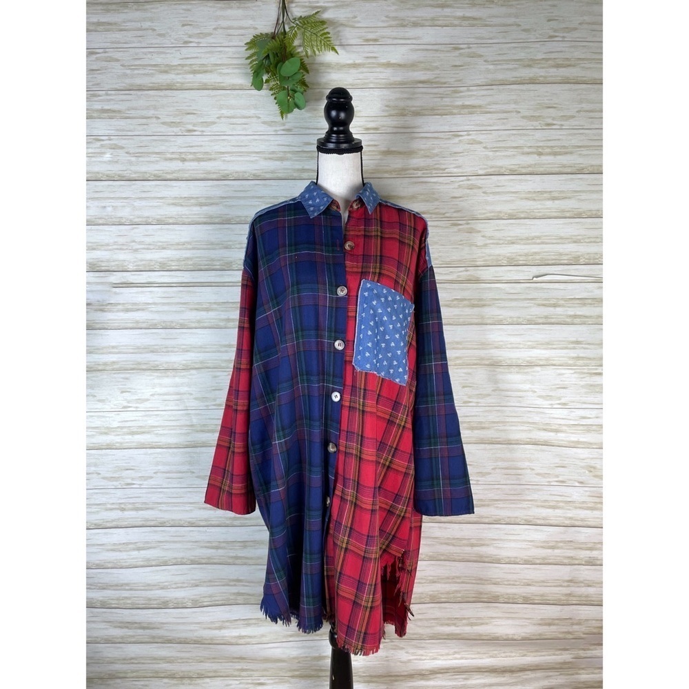 Umgee Plaid Patchwork Lightweight Cotton Button Down Tunic